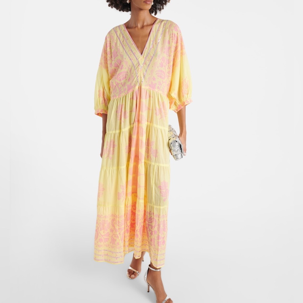Juliet Dunn. NWT. Palest Yellow and Pink Birdsong Dress.100% CTN.Size 8US
